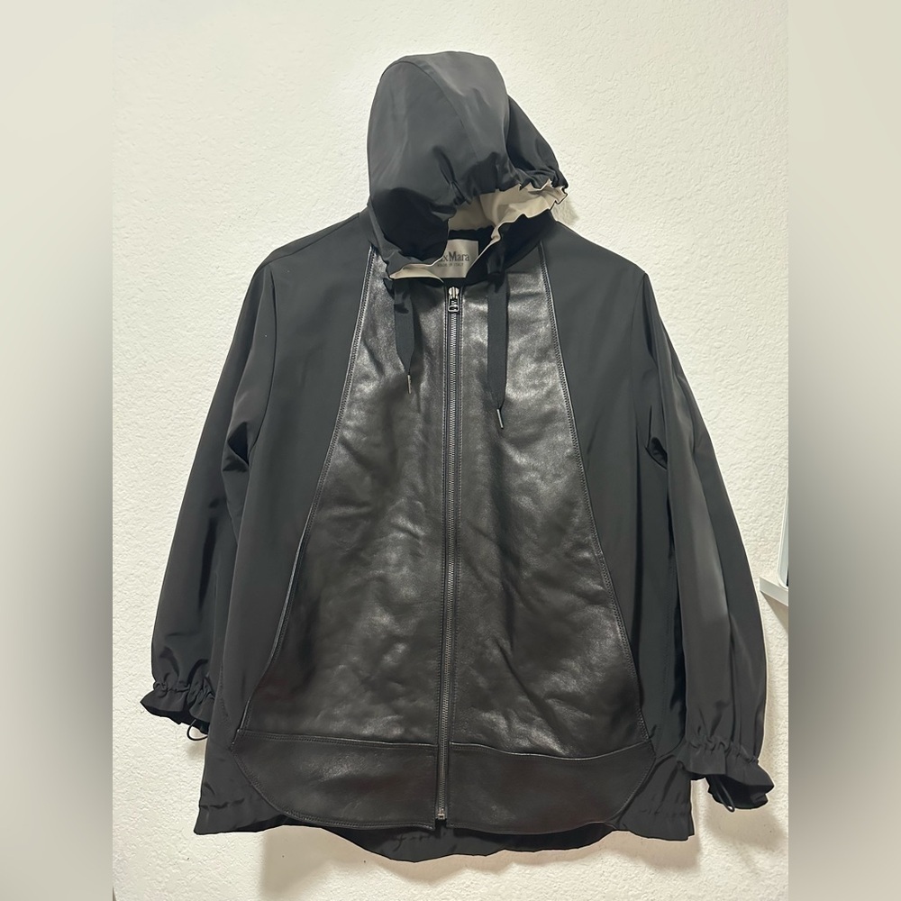 Black Ruffled Hoodie Zip Up Coat /Jacket one size Pea coat